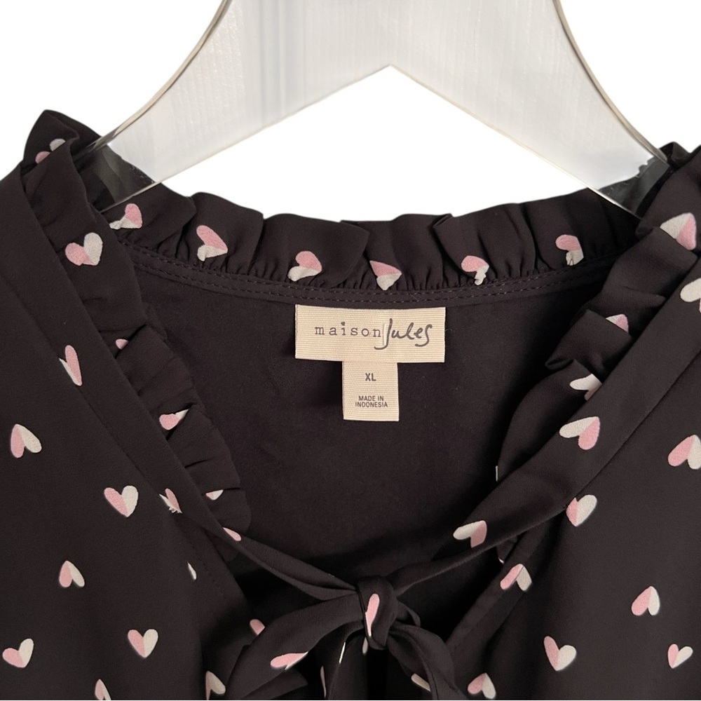 Maison Jules Heart Pattern Short Sleeve Romantic Blouse Top Black Pink Size XL - Picture 3 of 8